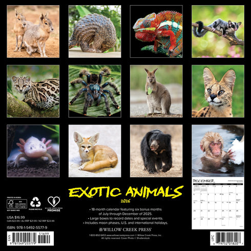 2026 EXOTIC ANIMALS  WALL CALENDAR